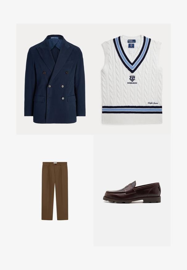 Blazer bleu marine croisé avec revers crantés, quatre boutons devant, poches à rabat et poche poitrine passepoilée, confectionné pour hommes.; Gilet sans manches en maille torsadée blanche avec des rayures bleues et noires, logo de Wimbledon et broderie Ralph Lauren.; Pantalon tailleur marron en tissu lisse, avec une taille plate, deux poches latérales et une fermeture à un bouton à la taille.; Mocassin en cuir marron avec un dessus de style mocassin, des détails de couture texturés et une semelle robuste dotée de motifs multidirectionnels.