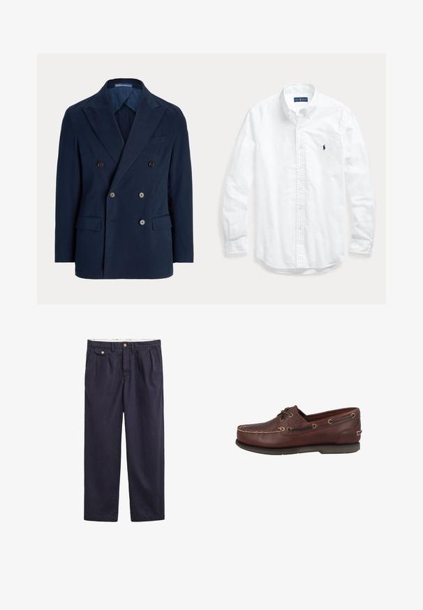 Blazer bleu marine croisé avec revers crantés, quatre boutons devant, poches à rabat et poche poitrine passepoilée, confectionné pour hommes.; Chemise blanche à manches longues avec boutons et col, avec un petit logo foncé sur la poitrine gauche, posée à plat sur un fond clair.; Pantalon décontracté bleu marine avec rabat de poche latérale boutonné, plis avant et passants de ceinture.; Chaussure bateau en cuir marron à texture lisse, avec deux œillets et surpiqûres en cuir blanc le long de la partie supérieure. Semelle en caoutchouc crantée.