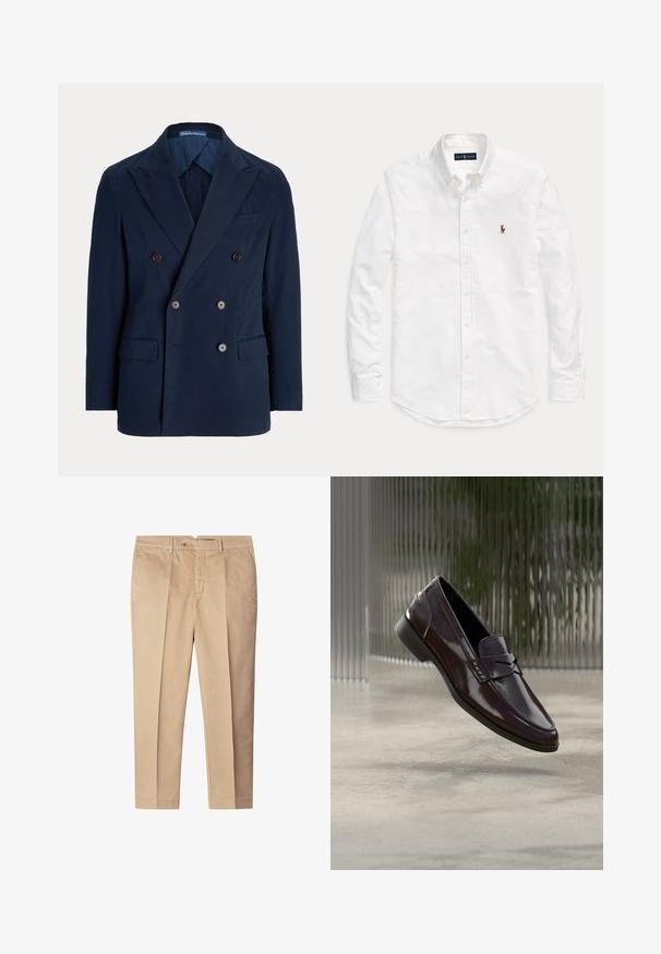 Blazer bleu marine croisé avec revers crantés, quatre boutons devant, poches à rabat et poche poitrine passepoilée, confectionné pour hommes.; Chemise blanche à manches longues avec boutonnière, col et petit logo brodé sur le côté gauche de la poitrine, posée à plat sur un fond uni.; Pantalons en coton beige à coupe ajustée, avec des plis sur le devant, des poches latérales et une fermeture à bouton. Texture lisse, design à jambe droite.; Mocassins en cuir marron à finition brillante, avec une couture surélevée et un petit détail découpé à l'avant, ainsi qu'une semelle basse noire.