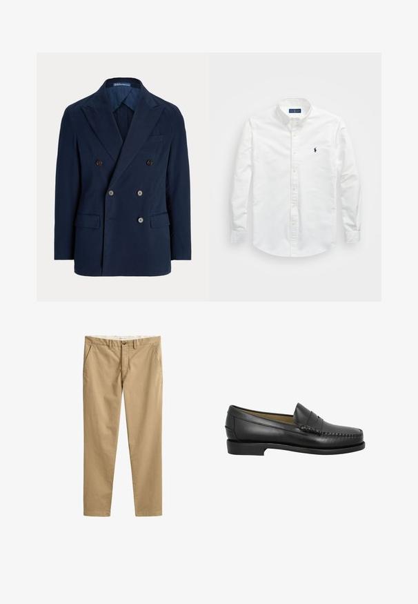Marineblauwe dubbelgeknoopte blazer met inkepingkraag, vier knopen aan de voorkant, klepzakken en een borstpaspelzak, op maat gemaakt voor mannen.; Witte button-up shirt van katoen. Voorzien van een puntige kraag, lange mouwen en een klein marineblauw logo op de borst. Gladde textuur.; Beige chino's met rechte pijpen, riemlussen, knoop aan de voorkant, ritssluiting en zijzakken, plat uitgestald op een witte achtergrond.; Zwarte leren instapper met een ronde neus, decoratieve stiksels en een lage, platte zool. Gladde textuur, minimalistisch ontwerp zonder versieringen.