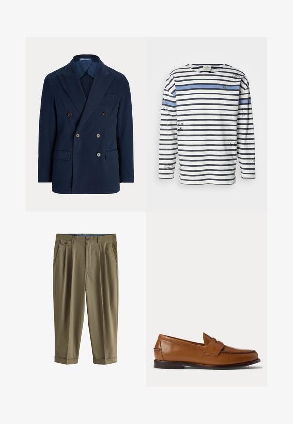 Blazer azul marino de doble botonadura con solapas con muesca, cuatro botones delanteros, bolsillos con solapa y bolsillo de ojal en el pecho, confeccionado para hombre.; Camiseta de manga larga con rayas horizontales en azul marino y blanco, una franja de acento azul y ilustraciones gráficas en la parte delantera y en las mangas.; Pantalones cortos de hombre en verde oliva con pinzas delanteras, bajos con puños, bolsillos laterales y bolsillo con solapa abotonada encima de la cadera izquierda.; Zapato tipo mocasín penny loaf de cuero marrón con tacón bajo y detalles cosidos en la parte frontal y los laterales, mostrado de lado sobre un fondo blanco.
