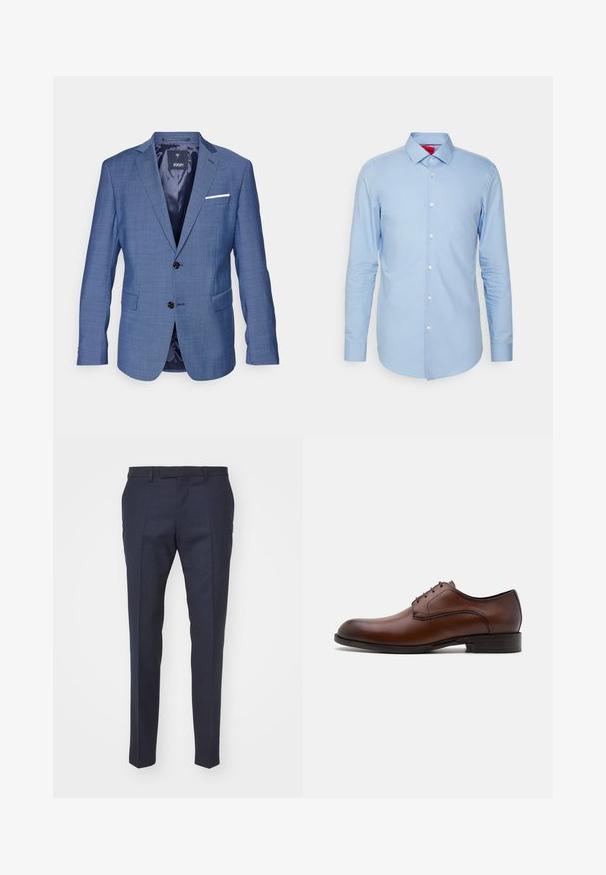 Blazer à carreaux bleus avec deux boutons noirs, revers crantés, un seul pochette blanche et deux poches avant. Doublure intérieure.; Chemise à manches longues bleu clair en coton. Elle dispose d'un col boutonné et d'une patte de boutonnage à l'avant avec des boutons blancs. Texture lisse, coupe ajustée.; Pantalons tailleur bleu marine avec une texture lisse, présentant un devant plat, des plis marqués et une coupe élégante, idéaux pour les occasions formelles.; Chaussure habillée en cuir marron au design élégant, à bout rond, avec un laçage à cinq œillets et un petit talon empilé. Présente des coutures discrètes.