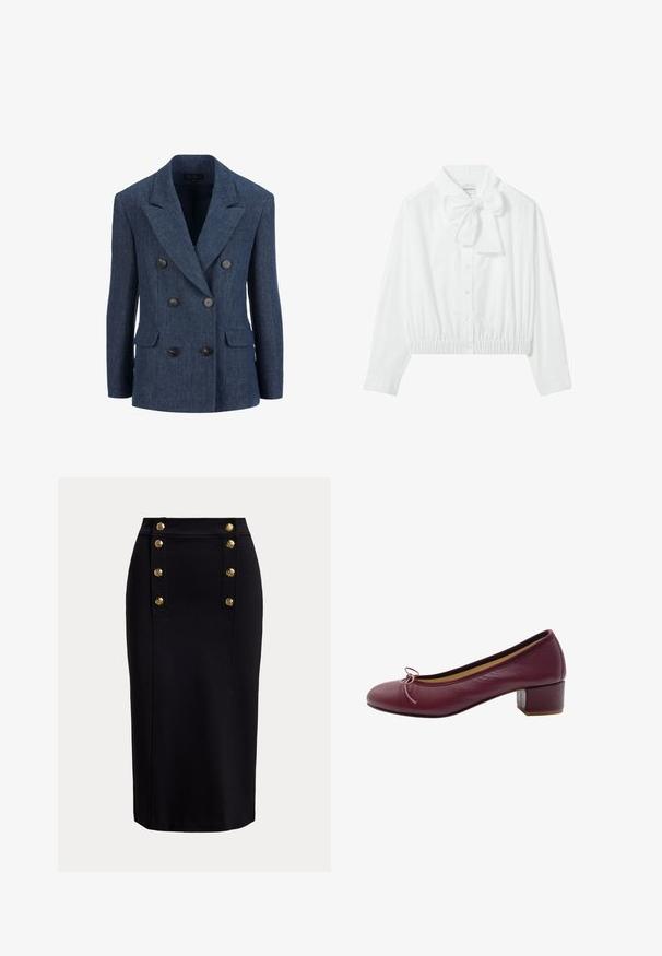 Blazer cruzado en tejido azul oscuro con acabado texturizado, con grandes botones negros y dos bolsillos frontales. Solapas con muesca presentes.; Blusa blanca corta con lazo en el cuello, cierre de botones y dobladillo fruncido. Hecha de una tela lisa y ligera.; Falda lápiz negra de talle alto con botones dorados verticales dispuestos en dos filas cerca de la cinturilla frontal.; Bailarinas de cuero burdeos con punta redonda, pequeño acento de lazo y tacón bajo cuadrado. Textura suave y diseño con detalles mínimos.