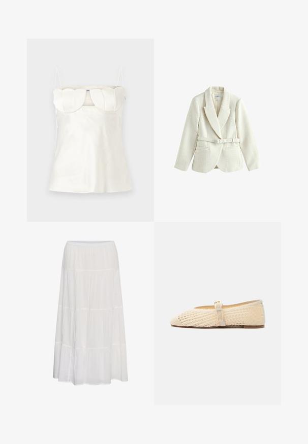 Kremfarvet textureret blazer med brede revers, lange ærmer, forlommer og matchende bælte i taljen.; Hvid satin camisole med justerbare stropper, en struktureret, scalloped buste og en lige kant. Glat tekstur og minimalistisk design.; Lang hvid flæset nederdel med elastisk taljebånd, letvægtsstof og flydende design.; Beige flad Mary Jane sko med vævet tekstur og spænde, spids tå og lav hæl på hvid baggrund.