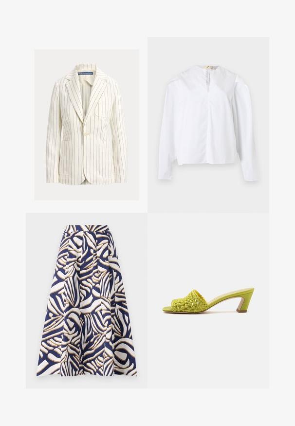 Blazer blanco con rayas estrechas en azul marino, solapas con muesca, cierre con un solo botón y dos bolsillos frontales. Textura de tela suave.; Blusa blanca de manga larga con escote redondo, detalle de apertura frontal y ajuste holgado, mostrada sobre un fondo claro liso.; Una falda hasta la rodilla hecha de algodón con un fondo azul marino y llamativos patrones abstractos en blanco y dorado; el diseño plisado añade volumen.; Tacón mule con punta abierta en verde lima con parte superior de cuero trenzado y tacón de bloque de altura media sobre un fondo liso.