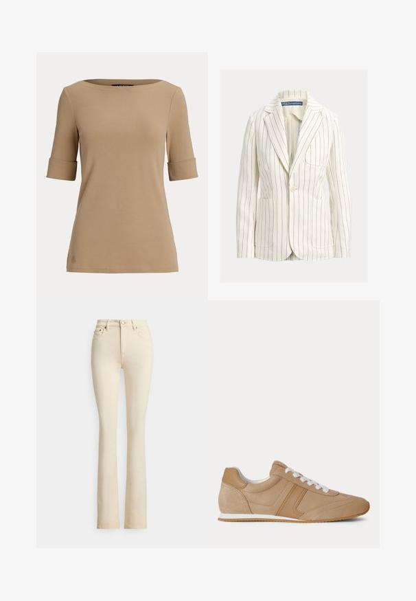 Hvid blazer med smalle marineblå striber, skrå kraver, lukning med enkelt knap og to forlommer. Glat stoftype.; Beige kortærmet top med opsmøgede ærmekanter og en bred, rund halsudskæring vist på en ensfarvet lys baggrund.; Beige jeans med vidde ved benene og høj talje, to forlommer og lukning med knap. Glat tekstur og minimale syningsdetaljer.; Lysebrun ruskind og læder lavtop-sneaker med hvide snørebånd og hvid gummisål vist fra siden på en hvid baggrund.
