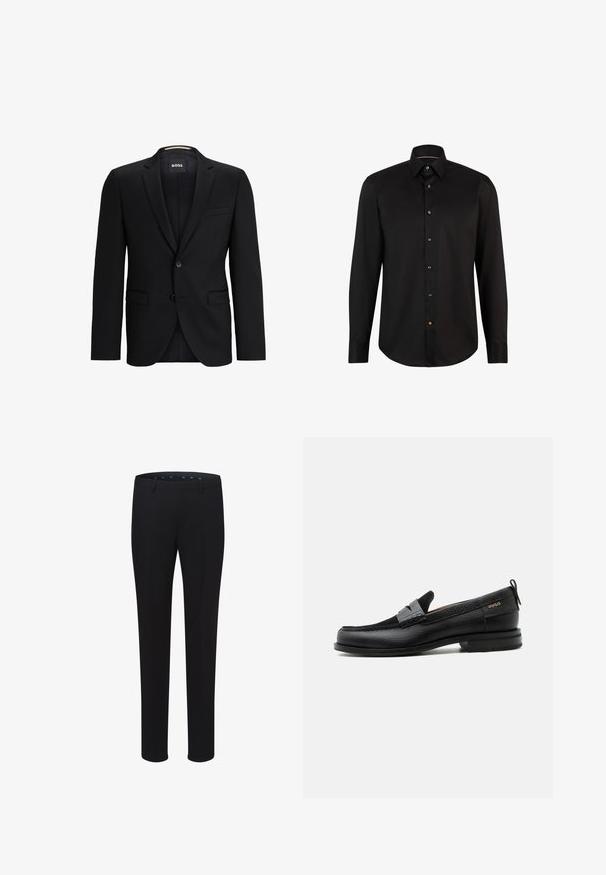 Blazer noir avec un revers cranté, fermeture à un bouton, deux poches avant et une doublure légèrement texturée. Étiquette de marque visible à l'intérieur du col.; Chemise noire à manches longues en tissu lisse, dotée d'une fermeture à boutons à l'avant avec des boutons contrastés et d'un col classique.; Pantalons noirs ajustés avec une texture lisse, une coupe droite et des passants de ceinture. Présentent une coupe classique sans motifs ni accents visibles.; Mocassin en cuir noir avec détail de bride grise, talon bas et semelle texturée, marqué "HUGO" en or sur le côté.