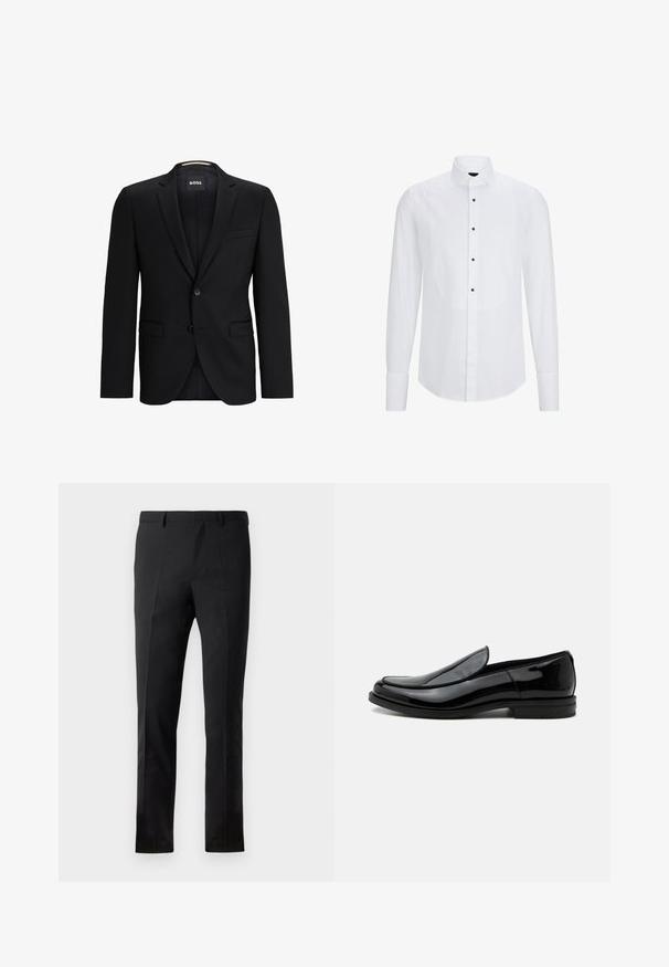Sort blazer med klapslag, en enkelt knaplukning, to frontlommer og en subtil teksturforing. Mærkets label er synlig indeni kraven.; Hvid langærmet skjorte med et buet frontpanel, sorte knapper ned langs midten og en klassisk krave. Glat stofstruktur.; Sorte bukser med en skræddersyet pasform, der har en flad front, to pressefolder, bæltestropper og en glat overflade. Ingen synlige mønstre eller beslag.; Sort blankt læder slip-on selskabssko med lav hæl og rundet tå set fra siden på hvid baggrund.