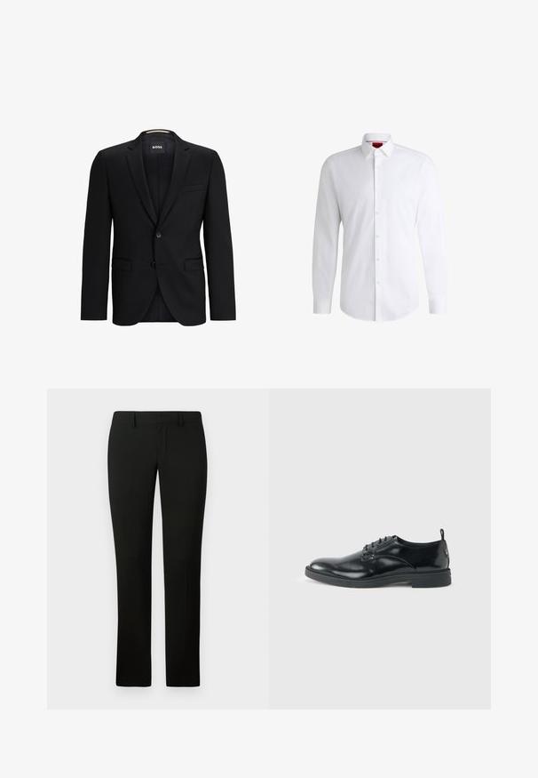 Blazer negro con solapa de muesca, cierre de un solo botón, dos bolsillos frontales y un forro texturizado sutil. Etiqueta de la marca visible en el interior del collar.; Camisa blanca de botones, confeccionada en tela suave, con collar clásico, mangas largas y dobladillo curvado. Presenta botones beige en la parte delantera.; Pantalones negros con un corte a medida, que presentan una textura suave y un diseño de pierna recta. La cintura tiene pasadores para cinturón y un acabado limpio.; Zapato de vestir negro de cuero brillante con tacón bajo, cierre de cordones y puntera redonda, mostrado de lado sobre un fondo claro y liso.