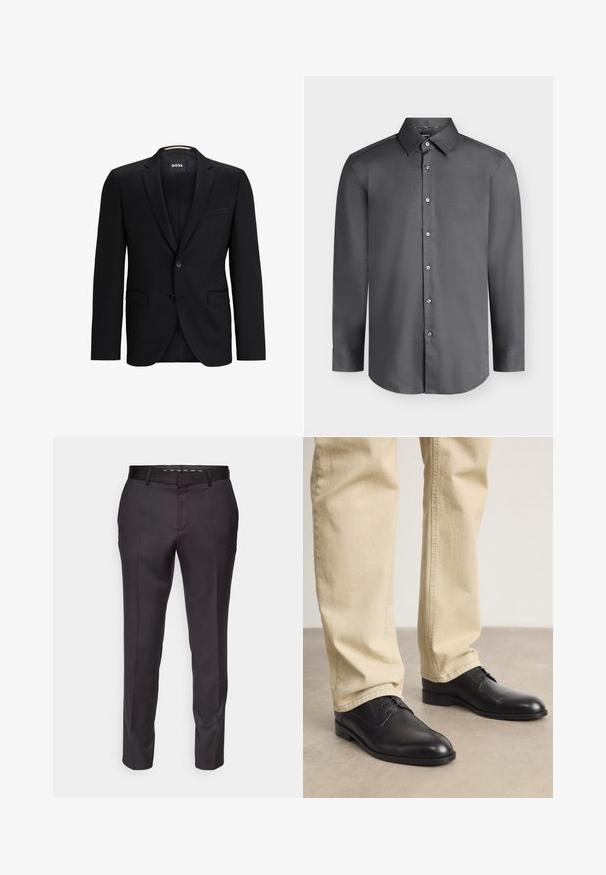 Blazer noir avec un revers cranté, fermeture à un bouton, deux poches avant et une doublure légèrement texturée. Étiquette de marque visible à l'intérieur du col.; Chemise habillée pour homme à manches longues gris foncé avec col pointu et boutons à l'avant, affichée sur un fond gris clair.; Pantalons noirs sur mesure avec une texture lisse, un design structuré et des plis à l'avant. Ils présentent une jambe droite et une taille ajustée.; Chaussures noires en cuir à lacets avec un bout arrondi, finition lisse et détails de couture subtils, portées avec un pantalon beige clair.