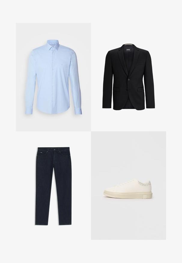 Blazer negro con solapa de muesca, cierre de un solo botón, dos bolsillos frontales y un forro texturizado sutil. Etiqueta de la marca visible en el interior del collar.; Camisa de botones azul claro hecha de algodón, con un cuello clásico, mangas largas y un pequeño logotipo en el pecho. Textura suave.; Vaqueros de pierna recta de color azul oscuro con bolsillos delanteros, trabillas para el cinturón, cierre de botón y una pequeña etiqueta "BOSS" en el bolsillo derecho.; Zapatilla blanca con una parte superior de lona suave, cordones planos, collar acolchado y un acento gris texturizado en la parte trasera. Suela de goma gruesa.