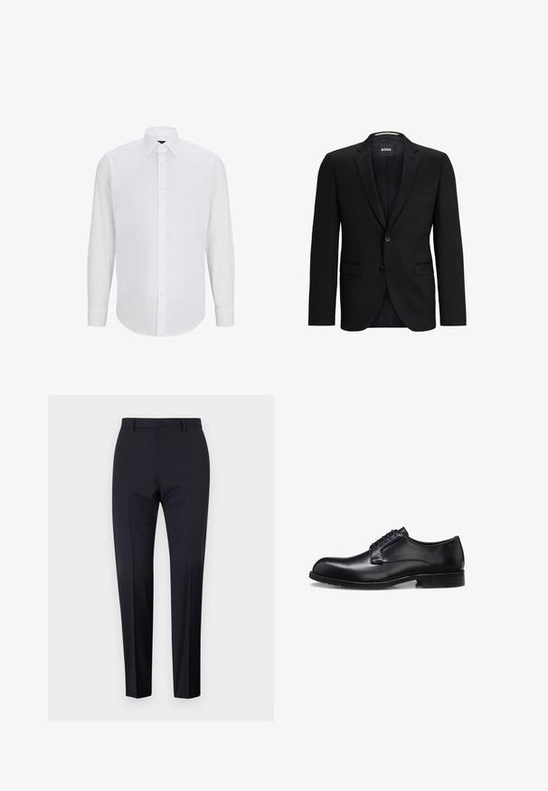 Sort blazer med klapslag, en enkelt knaplukning, to frontlommer og en subtil teksturforing. Mærkets label er synlig indeni kraven.; Hvid langærmet skjorte lavet af glat stof med standard krave, frontlukning med knapper og afrundet kant. Ingen synlige mønstre eller accenter.; Marineblå skrædderbukser, flad front, slim fit, med bæltestropper og sidelommer. Glat stof med en skarp finish, ingen synlige mønstre eller accent.; Sort poleret læder herresko med lukket snøresystem, lav hæl og diskret mærkedetalje nær hælen på hvid baggrund.