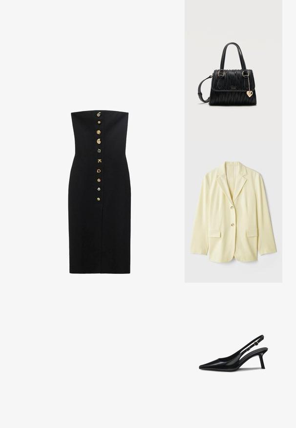 Lichtgele blazer van een gladde stof, met een gekarteld revers, twee opgestikte zakken en twee knopen. Tailored silhouet met een rechte snit.; Zwarte strapless jurk met een getailleerde silhouet, met een frontsluiting met goudkleurige decoratieve knopen in het midden.; Zwarte slingback hakken van lakleer met een puntige neus, slanke hak en een verstelbare band met een cirkelvormig accent. Gladde, glanzende afwerking.; Zwart gestructureerde leren handtas met dubbele handvatten, gouden ringen, Hugo-logo plaatje, verstelbare schouderriem en gouden hartvormige hanger.