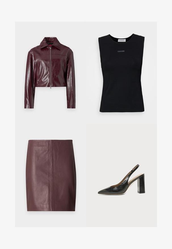 Veste courte bordeaux en similicuir brillant ; dotée d'un col pointu et d'une fermeture éclair frontale intégrale avec un tirette argentée.; Top sans manches noir en tissu lisse. Doté d'un col rond et d'un petit logo Calvin Klein au centre. Design simple et ajusté.; Jupe crayon en cuir marron foncé avec un devant droit et lisse, accentué par des coutures verticales discrètes au centre.; Chaussure slingback en cuir noir à bout pointu avec un talon bloc haut et une doublure intérieure beige sur un fond clair uni.