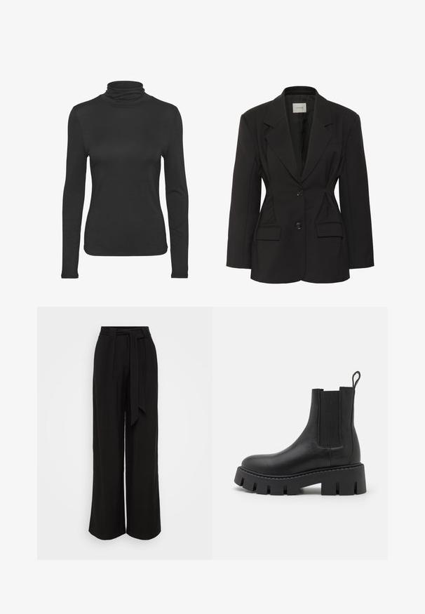Zwarte blazer met een getailleerde pasvorm, puntige revers, twee voorzakken en twee knopen. Gemaakt van soepel stof met een strakke uitstraling.; Zwarte lange mouw turtleneck shirt gemaakt van glad, rekbaar materiaal. Heeft een aansluitend ontwerp en een klassieke hoge kraag.; Zwarte broek met wijde pijpen van een gladde stof, met een hoge taille, een ceintuur om te strikken en plooien voor een elegante, op maat gemaakte uitstraling.; Zwarte leren enkelboot met elastische zijkanten, chunky gestructureerde zool en een lus aan de achterkant voor gemakkelijk aan- en uittrekken.