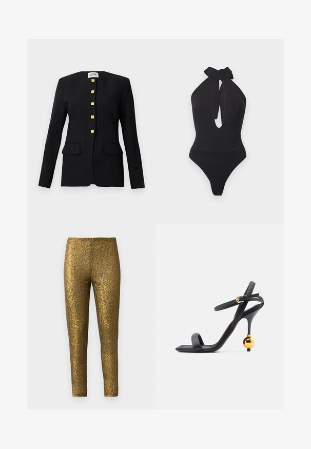 Sort skræddersyet blazer med rund udskæring, fem gyldne firkantede knapper og to forlommer med en glat uldstruktur.; Sort halter-neck bodysuit med høj hals og nøglehulskæring foran, tætsiddende silhuet, sømløse kanter.; Guld metallic leggings med en tekstureret, lodret stribe mønster. Stoffet har en blank overflade og en slank, tætsiddende silhuet.; Sort højhælet sandal med tynd anklerem og unikt guldfarvet kugleformet hældetalje, der har et firkantet tådesign.