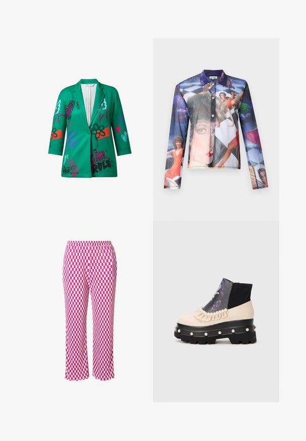 Grøn blazer med et struktureret design, der har forskellige farverige grafiske prints, herunder hjerter og stjerner. Lavet af et glat stof.; Gennemsigtig skjorte med knapper, der har et farverigt fotografisk tryk af mennesker i dynamiske positurer, med klassisk krave og lange ærmer.; Lyserøde og hvide ternede bukser med elastisk talje, cropped længde og en let bølget kant. Fremstillet af let ribbet stof.; Kraftig sort platformstøvle med beige overdel, perledekorationer langs sålen og manchet, voluminøs kant og trykt mørk panel foran.