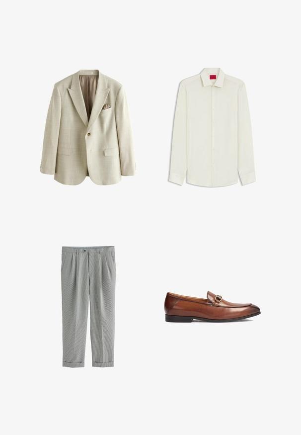 Lysebeige enkeltknappet blazer med notch revers, to forlommer med klap, brystlomme med matchende lommetørklæde og beige foer.; Langærmet, off-white skjorte med knapper, spids krave og rød "HUGO" mærkat indeni kraven.; Grå ternede bukser med bæltestropper, frontplisser, sidelommer, knaplukning og opsmøgede kanter.; Brune læder loafers med rund tå, syningsdetaljer og en dekorativ metalspændeaccent foran. Gummisol.