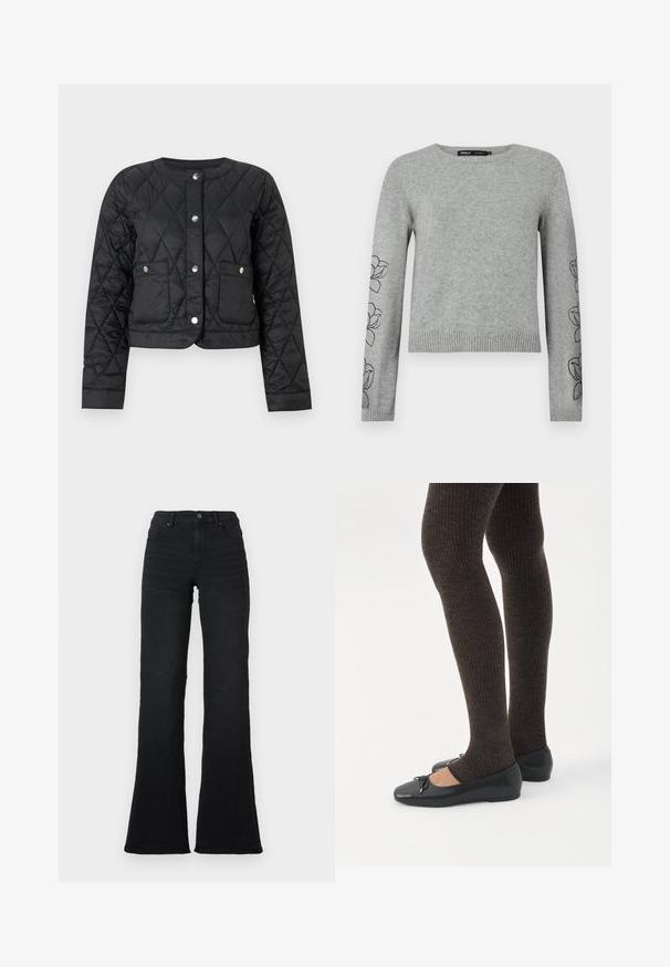 Veste matelassée noire avec un col rond, une fermeture à pression et deux poches avant. Elle présente une texture lisse et brillante ainsi qu'un motif en losanges.; Pull en tricot gris avec manches longues, ourlet côtelé et broderies florales sur les manches. Encolure ronde et matériau texturé.; Jean noir à taille haute évasée avec poches avant, passants de ceinture et fermeture à bouton sur fond blanc.; Jambes portant des leggings côtelés foncés associés à des ballerines noires avec de petits détails en nœud sur fond blanc.