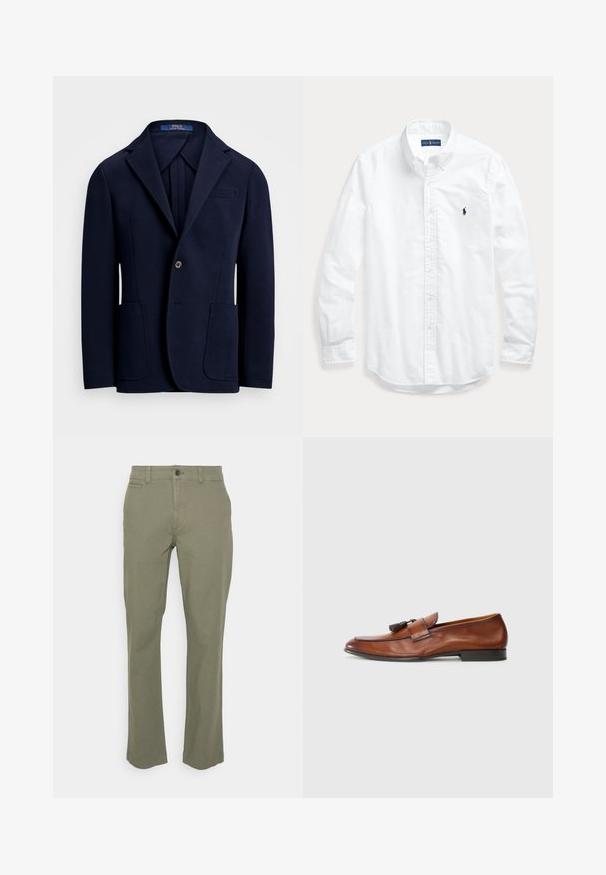Blazer marine en tissu lisse, avec un revers cranté, deux poches avant et une fermeture à un bouton avec un léger éclat.; Chemise blanche à manches longues avec boutons et col, avec un petit logo foncé sur la poitrine gauche, posée à plat sur un fond clair.; Pantalon vert olive avec une coupe droite, fabriqué en tissu mélangé de coton. Comprend des poches avant et une fermeture à un bouton.; Mocassin en cuir marron avec détail de pampilles et talon bas noir, présenté de profil sur un fond blanc uni.