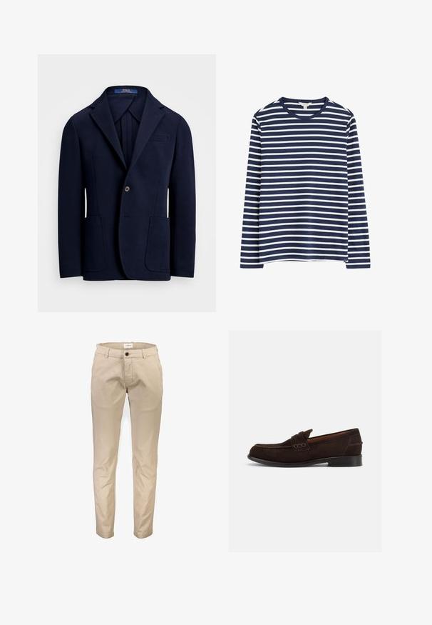 Marineblazer aus glattem Stoff, mit Reverskragen, zwei Fronttaschen und einem leichten Knopfverschluss mit einem Hauch von Glanz.; Dunkelblaues Langarm-T-Shirt mit weißen horizontalen Streifen, runder Halsauschnitt und seitlichen Schlitzen am Saum. Weicher Baumwollmaterialien.; Beige Baumwollhosen mit geradem Bein, ausgestattet mit Vordertaschen, Reißverschluss und einem einzelnen Knopfverschluss. Glatte Textur, ohne Muster.; Dunkelbrauner Wildleder-Herrenschuh mit dekorativer Naht und niedrigem Absatz, von der Außenseite auf hellem, einfarbigem Hintergrund dargestellt.
