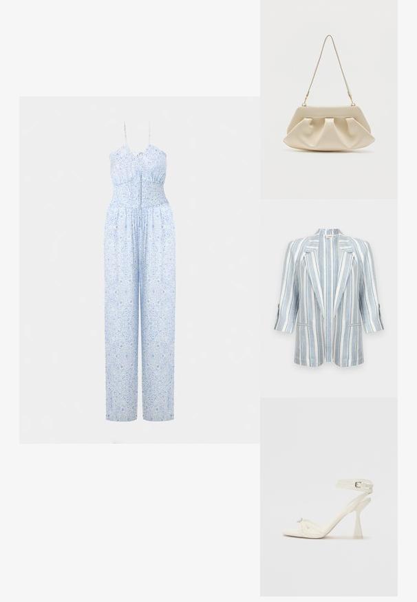 Hvid blazer med vertikale lyseblå striber, haknakkede revers, 3/4-ærmer, knapper ved manchetterne og to forlommer.; Lyseblå jumpsuit med justerbare stropper, smocket bodice og bukser med brede ben, prydet med et detaljeret blomstermønster. Blød stofstruktur.; Sandal med høj hæl i hvid læder med et elegant design, en transparent blokhæl og et dekorativt element ved tåen.; Kremfarvet blød clutch-taske med samlet plissering og en tynd skulderrem med guldfarvet hardware.