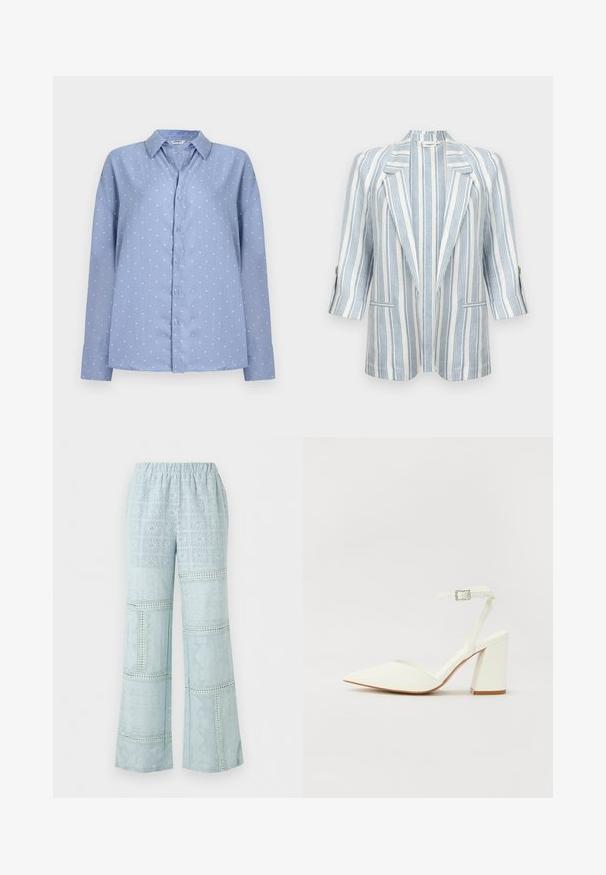 Blazer blanc à rayures verticales bleu clair, col à revers en cranté, manches trois-quarts, poignets boutonnés et deux poches avant.; Chemise bleu clair à manches longues avec boutons, à pois blancs et col pointu, présentée sur un fond clair uni.; Pantalon large bleu clair avec taille élastique et motif complexe en patchwork de dentelle sur toute la surface.; Sandale blanche à talon avec un bout pointu, sangle de cheville réglable et un talon carré épais. Texture lisse avec des détails de couture minimaux.