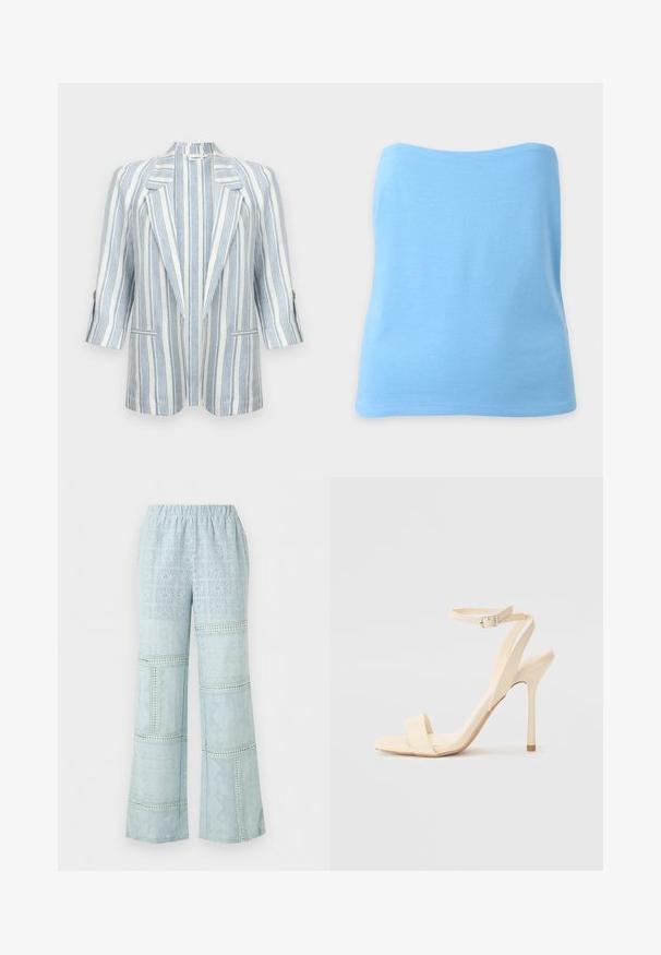 Hvid blazer med vertikale lyseblå striber, haknakkede revers, 3/4-ærmer, knapper ved manchetterne og to forlommer.; Lyseblå stropfri tube top med simpelt design og glat stof vist mod en ensfarvet baggrund.; Lyseblå vidde bukser med elastisk talje og indviklet blonder patchwork mønster overalt.; Beige højhælede sandaler med en slank ankelrem og firkantet tå. Glat syntetisk materiale, minimalistisk design og stiletto-hæl.