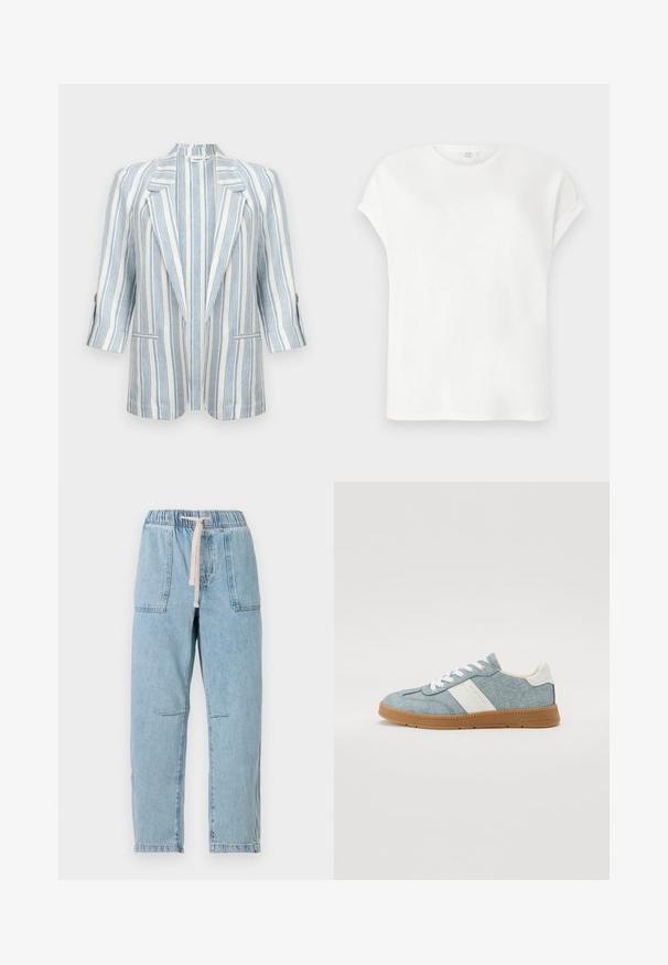 Witte blazer met verticale lichtblauwe strepen, reversed revers, driekwart mouwen, knoopmanchetten en twee voorzakken.; Witte korte-mouwen T-shirt met opgerolde mouwen en een ronde hals, plat gelegd op een lichtgrijze achtergrond.; Lichtblauwe denim broek met een elastische tailleband en koord. Voorzien van twee voorzakken en zichtbare stiksels. Rechte pasvorm.; Denim canvas sneaker met lichtblauwe bovenkant, witte zijstreep en rubberen gumzool. Voorzien van witte veters en een gevoerde kraag.