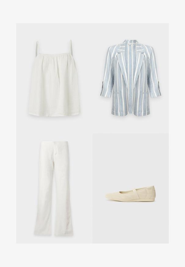 Blazer blanc à rayures verticales bleu clair, col à revers en cranté, manches trois-quarts, poignets boutonnés et deux poches avant.; Haut blanc sans manches en tissu froissé avec fines bretelles et encolure froncée, présenté sur un fond clair uni.; Pantalon blanc droit avec une taille haute et une fermeture à boutons sur le devant, présenté sur un fond uni.; Ballerines beiges avec une exterior en cuir lisse, un bout en forme d'amande et une sangle élastique sur le coup de pied, avec des détails de couture subtils.