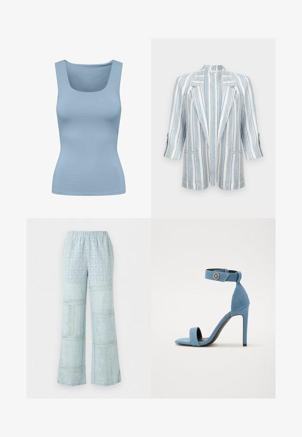 Blazer blanc à rayures verticales bleu clair, col à revers en cranté, manches trois-quarts, poignets boutonnés et deux poches avant.; Débardeur bleu clair avec un décolleté carré, fabriqué à partir d'un tissu lisse et extensible. Il présente des bretelles larges et une silhouette ajustée.; Pantalon large bleu clair avec taille élastique et motif complexe en patchwork de dentelle sur toute la surface.; Sandale à talon haut en denim bleu avec une bande de cheville et une fermeture à bouton. Caractéristiques d'un bout carré et d'une semelle noire pour le contraste.