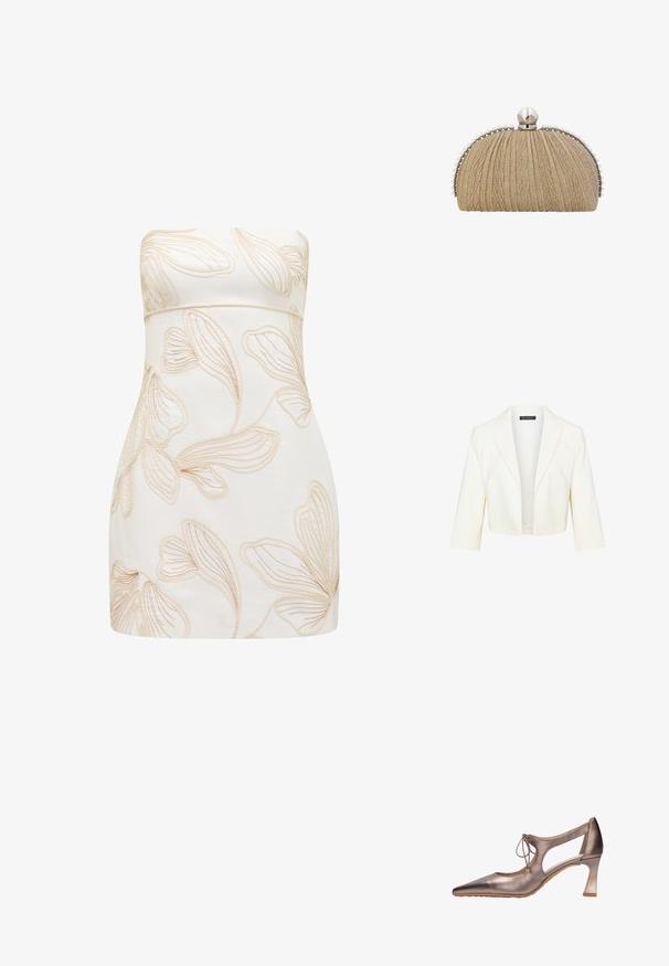 Afskåret cremefarvet blazer med en skarp krave, åben front og trekvart ærmer. Fremstillet af et glat stof med minimale syninger.; Strapless kjole i creme med præget blomsterdesign i lys beige. Tætsiddende design, glat tekstur, knælængde klip, og ingen synlige lukninger.; Metallisk bronzefarvet sko med spids tå, mellemhøj hæl, udskårne sider og snøredetalje foran, vist mod en hvid baggrund.; Clutchpung i gyldent stof med plisseret tekstur, sølvramme og stor perleknap med mindre perler langs kanterne.