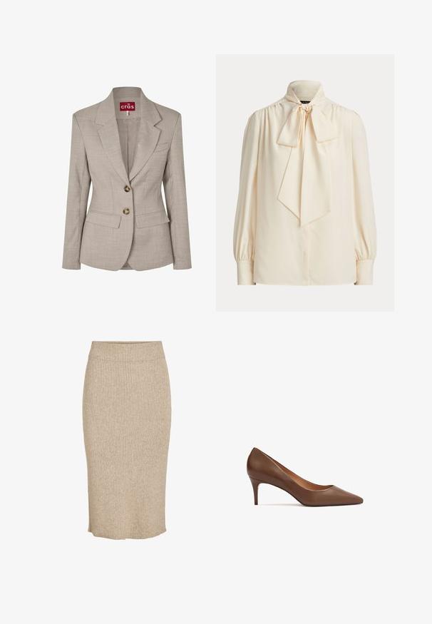 Beige skræddersyet damesblazer med reverskrave, to forreste knapper, klaplommer og en brystlomme med kant, fra mærket Crās.; Langærmet cremefarvet bluse med høj krave og en stor bundet sløjfe ved halsen, med rynkede skuldre og manchetærmer.; Strik nederdel i en lys beige farve med lodret ribbestruktur, knælang med elastisk talje og lige skæring.; Brune læder højhælede sko med spids tå, glat tekstur og en slank, buet hæl. Minimalistisk design uden synlige metaldele.