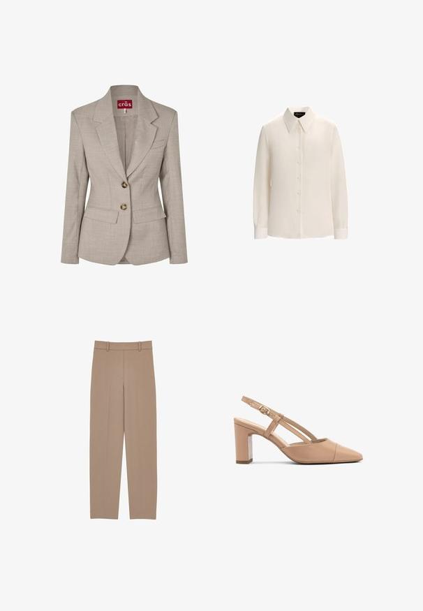 Blazer beige para mujer, entallado, con cuello de solapa, dos botones frontales, bolsillos con solapa y un bolsillo de ojal en el pecho, de la marca Crās.; Blusa blanca de manga larga con cuello puntiagudo, cierre de ocho botones y puños abotonados, confeccionada en una tela suave y ligera.; Pantalones beiges de diseño a medida con pernera recta, que presentan un frente plisado, trabillas para cinturón y detalles de costura sutiles. Tela suave y ligera.; Tacones de slingback de cuero beige con punta afilada, tacón cuadrado y correa con un pequeño hebilla dorada. Textura suave, diseño minimalista.