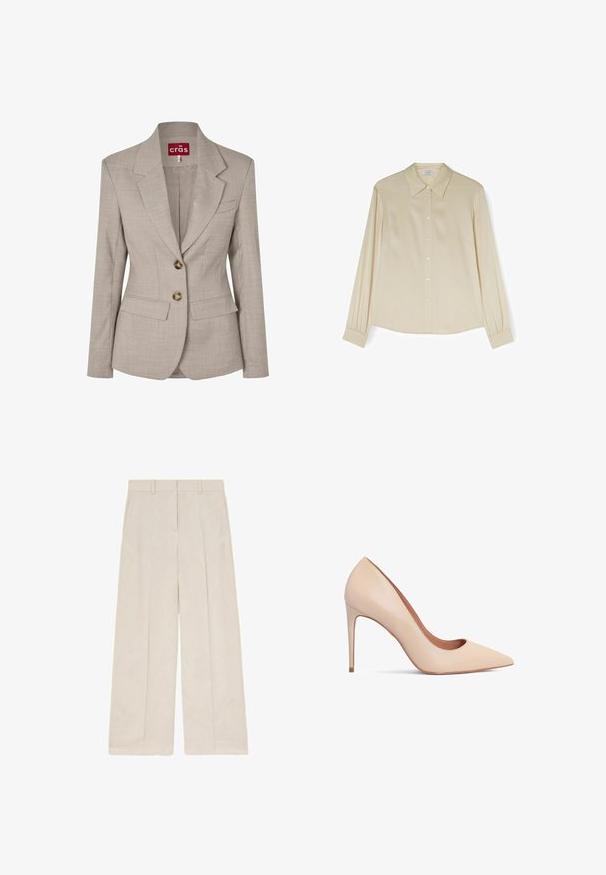 Blazer beige para mujer, entallado, con cuello de solapa, dos botones frontales, bolsillos con solapa y un bolsillo de ojal en el pecho, de la marca Crās.; Blusa beige de manga larga, con botones y cuello puntiagudo, con puños fruncidos, exhibida plana sobre un fondo blanco.; Pantalones beige de pierna ancha con trabillas y pinzas delanteras, mostrados extendidos sobre un fondo blanco.; Zapato de tacón alto de cuero beige con punta afilada y textura suave. Presenta un tacón de aguja delgado y un diseño de escote bajo.