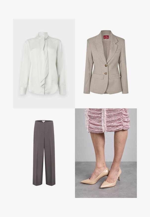 Blazer beige para mujer, entallado, con cuello de solapa, dos botones frontales, bolsillos con solapa y un bolsillo de ojal en el pecho, de la marca Crās.; Blusa blanca de manga larga con cuello alto y detalle de bufanda atada en la parte delantera, hecha de una suave tela similar al satén.; Pantalones de pierna ancha grises con una textura suave, que presentan un frente plano y sin bolsillos visibles, elaborados con tejido ligero.; Tacones de charol beige con punta afilada y un tacón delgado. Textura suave con un diseño elegante. Llevados con un vestido rosa con lentejuelas.