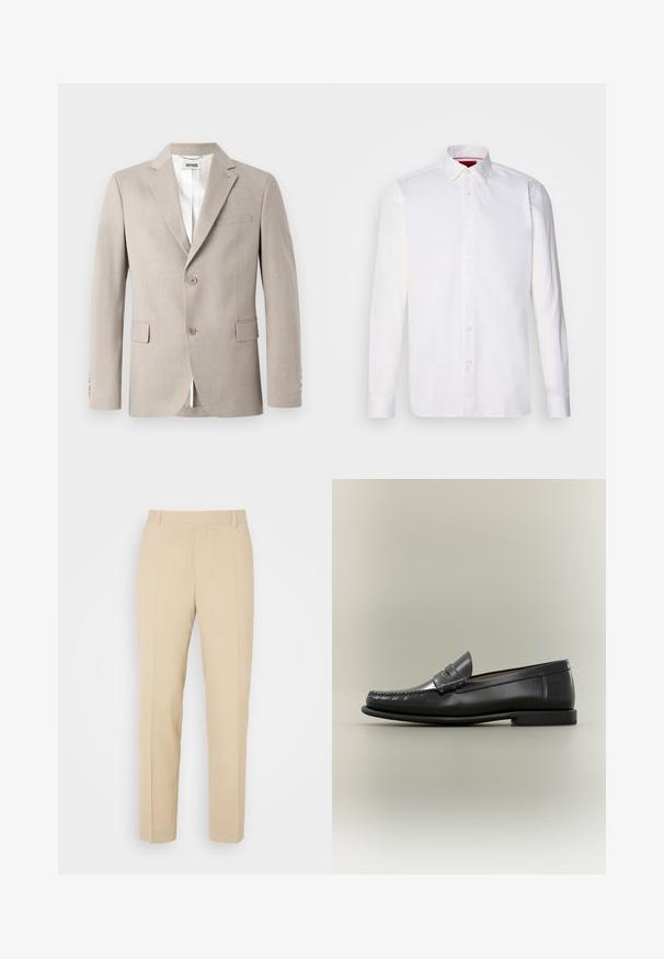 Blazer beige avec des revers à cran, deux boutons, une poche poitrine et des poches à rabat. Fabriqué en tissu texturé, avec une doublure blanche.; Chemise blanche à manches longues en coton, avec un col classique, une patte de boutonnage à l'avant et une texture lisse. Détail rouge à l'intérieur du col.; Pantalons beige ajustés avec une coupe droite, fabriqués en tissu léger, dotés de deux poches avant et de plis bien repassés.; Mocassin pour homme en cuir noir avec un design moc-toe, une lanière à monnaie et un talon bas sur un fond neutre.