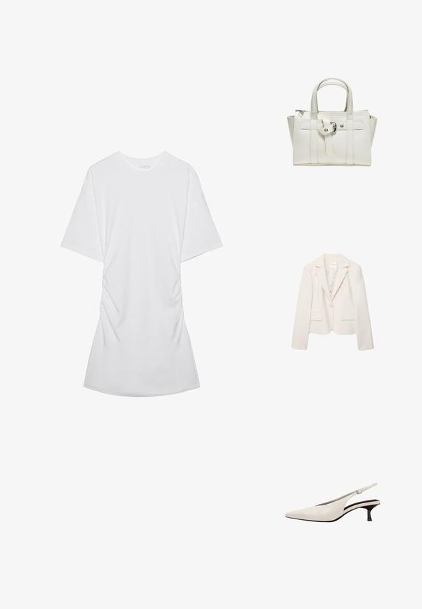Blazer pour femme de couleur crème à un bouton, avec des revers à encoche, des manches longues et deux poches avant à rabat, présenté sur un fond blanc.; Robe T-shirt blanche à manches courtes froncées, col rond avec un tissu doux sur un fond blanc uni.; Chaussure slingback en cuir blanc à bout pointu avec petit talon et bride de cheville ajustable avec boucle argentée.; Petit sac à main en cuir blanc avec deux poignées, panneaux latéraux et une lanière décorative avant avec boucle et œillets métalliques.