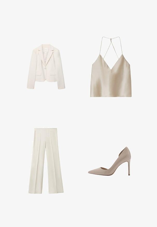 Blazer pour femme de couleur crème à un bouton, avec des revers à encoche, des manches longues et deux poches avant à rabat, présenté sur un fond blanc.; Camisole en satin beige avec un décolleté en V profond et de fines bretelles spaghetti croisées dans le dos.; Pantalon à jambes larges en tissu beige clair avec plis devant. Texture lisse et design sur mesure pour une coupe décontractée. Pas de fermetures visibles ni d'accents.; Pompe à talon haut en cuir verni beige avec un bout pointu, des flancs découpés peu profonds et un talon mince. Texture lisse avec une finition brillante.