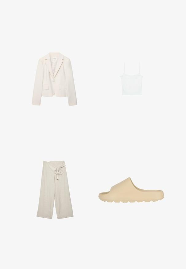 Kremfarvet dameblazer med enkelt knap, notched revers, lange ærmer og to forlommer med klap, vist på hvid baggrund.; Stradivarius Top - white; Beige viddebenbukser med høj talje, bindebånd foran og plisseret tekstur på hvid baggrund.; Lys beige slide sandal med en glat, mat finish. Har design med åben tå og en tekstureret, rillede sål for godt greb.