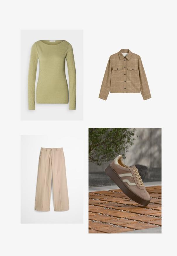 Bruine geruite jas met een kraag, twee voorkoopjes en knoopsluiting. Gemaakt van een gestructureerde stof met een cropped ontwerp.; Langemouwige top in licht olijfgroen, gemaakt van een zachte, gestructureerde stof. Heeft een brede halslijn en een aansluitende silhouet.; Beige wijde pijpen broek met een voorvouw, riemlussen, knoopsluiting en een klein stoffen label aan de rechterkant van de tailleband.; Beige suède sneaker met witte zijstrepen en een bruine zool zwevend boven gestructureerde houten tegels buiten.