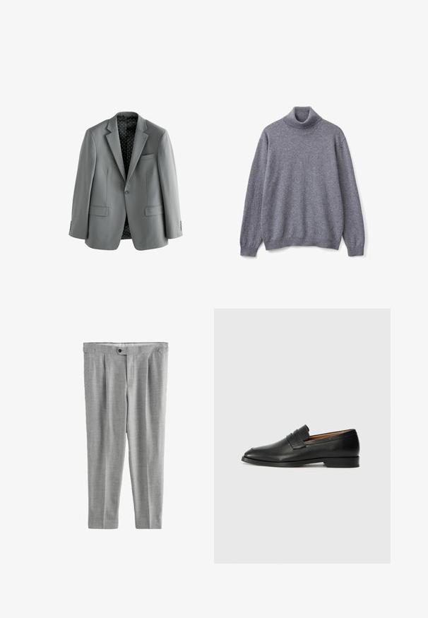 Grau Blazer mit Reverskragen, zwei vorderen Taschen und einem Innenfutter mit Punkte-Muster. Glattes Gewebe mit Knopfschluss.; Grauer Rollkragenpullover aus weichem Strickstoff; verfügt über einen gerippten Kragen und Bündchen, lange Ärmel und eine lockere Passform.; Hellgraue Hosen aus einem strukturierten Stoff. Zu den Merkmalen gehören ein Ein-Knopf-Verschluss, Falten und ein gerades Bein.; Schwarze Leder-Slipper mit runder Zehenform, dezenten gestickten Details und niedrigem Absatz, ausgestattet mit glatter Textur und minimalistischem Design.