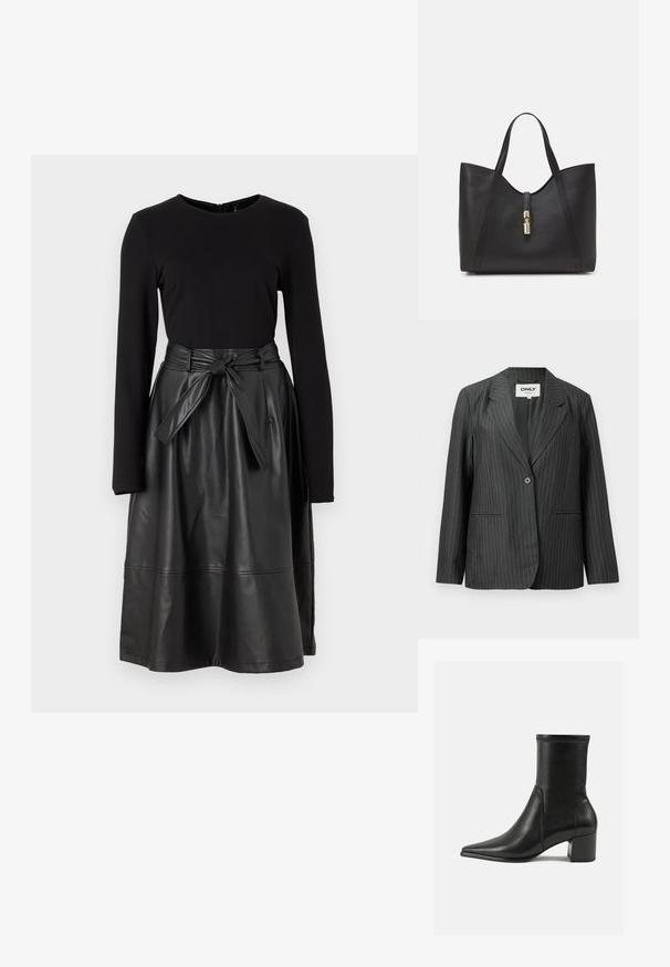 Grå blazer med smalle striber, med notched krave, enkelt knaplukning og to forlommer, lavet af glat, let stof.; Sort langærmet top kombineret med en sort skørtafælles læder, der har en bundet talje og en glat, skinnende tekstur.; Sorte ankelstøvler lavet af glat læder, med spids tå, en blokhæl og markant hævet syning ved den øverste kant.; Sort læder tote taske med en struktureret form, der har buede øverste kanter, to håndtag og en detalje med guldfarvet lukning. Glat overflade.