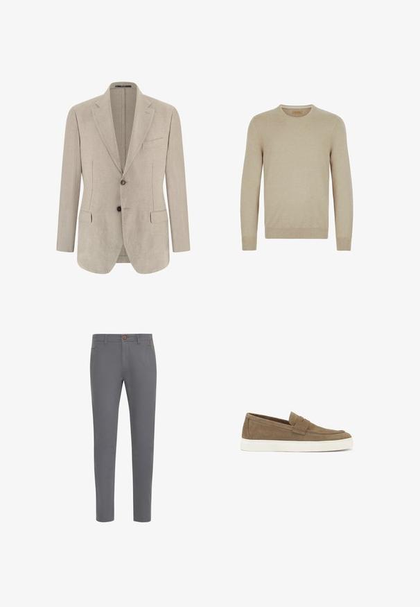 Beige einreihiges Herren-Sakko mit Kerbkragen, zwei vorderen Pattentaschen, einer Brusttasche und zwei Knöpfen.; Beige Strickpullover mit langen Ärmeln, rundem Ausschnitt sowie gerippten Bündchen und Saum. Glatte Textur ohne sichtbare Muster oder Akzente.; Graue Baumwollhosen mit einer taillierten Passform, ausgestattet mit einem Knopfverschluss, normalen Taschen und einer glatten Textur.; Braune Wildlederschlüpfschuhe mit einer weißen Gummisohle, die ein gesticktes Zehendesign und einen dekorativen Riemen über dem Spann aufweisen.