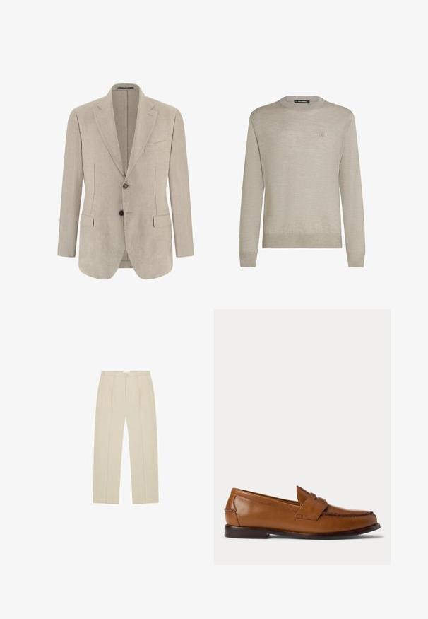 Beige einreihiges Herren-Sakko mit Kerbkragen, zwei vorderen Pattentaschen, einer Brusttasche und zwei Knöpfen.; Hellbeiger Pullover mit Rundhalsausschnitt, langen Ärmeln und dezentem kleinen Logo-Stick auf der linken Brust.; Beige Hose mit geradem Bein, Vorderfalten, Seitentaschen, Gürtelschlaufen und Knopfverschluss in der Taille.; Brauner Leder-Penny-Loafer mit niedrigem Absatz und gesteppten Details an Vorder- und Seitenpartien, seitlich auf weißem Hintergrund dargestellt.