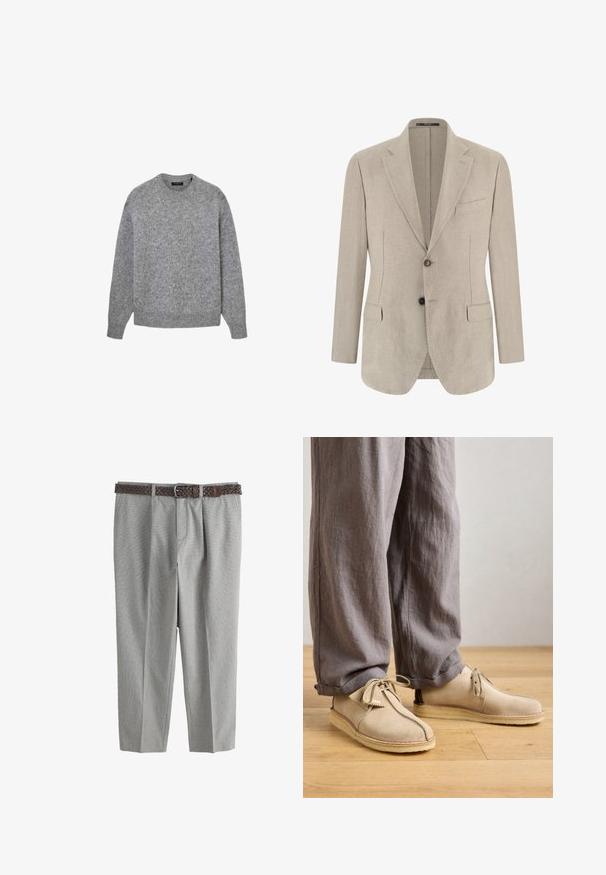 Blazer beige pour homme à simple boutonnage avec revers crantés, deux poches à rabat à l'avant, une poche poitrine et deux boutons.; Pull gris à manches longues en maille avec col rond, poignets et ourlet côtelés, présenté sur fond blanc.; Pantalon de costume gris clair avec plis à l'avant et poches latérales, associé à une ceinture en cuir tressé marron foncé avec une boucle argentée.; Chaussures en suède beige à bout rond, avec des détails de lacets et des accents cousus, assorties à un pantalon en lin gris ample sur un sol en bois.