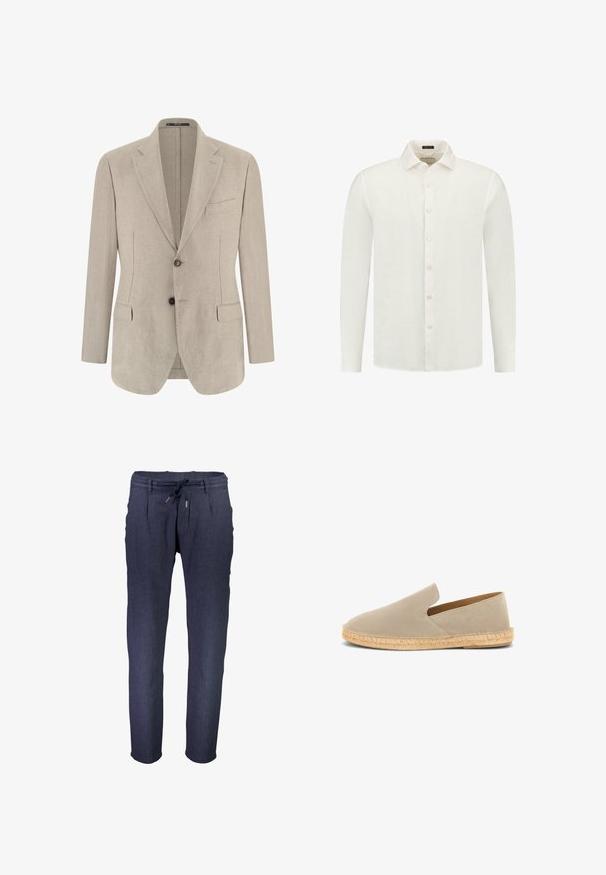 Blazer beige para hombre de un solo pecho con solapas con muesca, dos bolsillos frontales con solapa, un bolsillo en el pecho y dos botones.; Camisa blanca de manga larga hecha de lino con cuello abotonado, que presenta una tapeta de botones en el frente y un dobladillo recto.; Pantalones tapered de color azul marino, hechos de una tela texturizada, con una cinturilla elástica y cordón ajustable, además de bolsillos laterales.; Espadrilla beige de ante tipo slip-on con suela envuelta en yute y tacón bajo, vista lateral sobre fondo blanco.