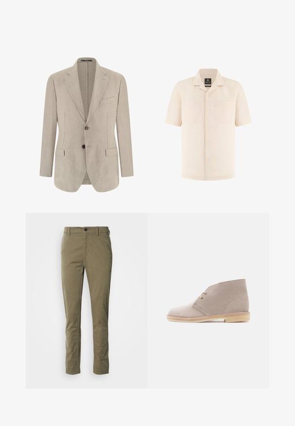 Blazer beige pour homme à simple boutonnage avec revers crantés, deux poches à rabat à l'avant, une poche poitrine et deux boutons.; Chemise beige à manches courtes avec boutons, col camp et deux poches poitrine, en lin 100 % de Boggi Milano.; Chinos vert olive en coton avec une texture lisse. Comprend une fermeture à bouton, des poches latérales et une coupe ajustée.; Bottine en cuir suédé beige à deux œillets avec lacets, semelle en crêpe et petit talon empilé, vue de profil sur un fond uni.