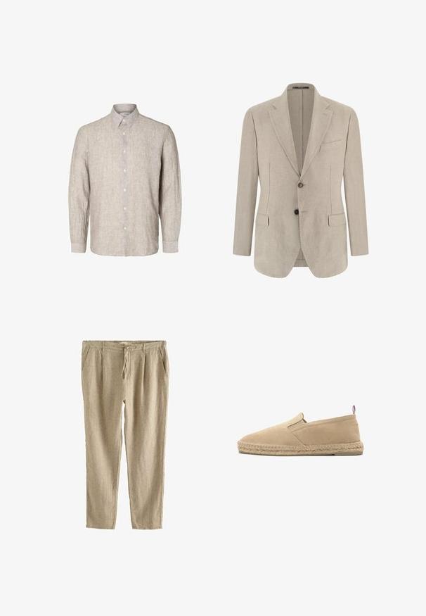 Beige enkeltknappet herreblazer med hakkede slag, to forlommer med klap, en brystlomme og to knapper.; Lys grå linnedkjorte med lange ærmer, knap-ned krave og frontknapper. Tekstureret stof med et diskret mønster.; Beige hør afslappede bukser med snøre i taljen, sidelommer og en afslappet lige ben pasform.; Beige lærred slip-on espadrille med syet jute sål og lille stof trække-flig ved hælen, vist i sideprofil på hvid baggrund.