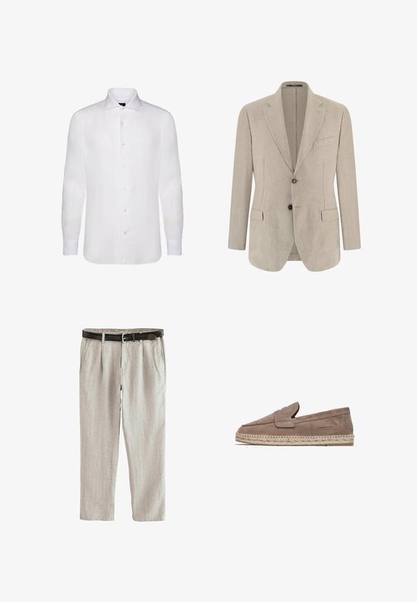 Beige einreihiges Herren-Sakko mit Kerbkragen, zwei vorderen Pattentaschen, einer Brusttasche und zwei Knöpfen.; Weißes langärmliges Button-Down-Shirt aus leichtem Stoff, das einen klassischen Kragen, eine subtile Textur und sechs Knöpfe auf der Vorderseite aufweist.; Beige Leinenhose mit plissiertem Vorderteil, Seitentaschen und einem dunkelbraunen gewebten Ledergürtel mit silberner Schnalle.; FRED MARTIN COLLECTION MARBELLA - Espadrille - taupe suede